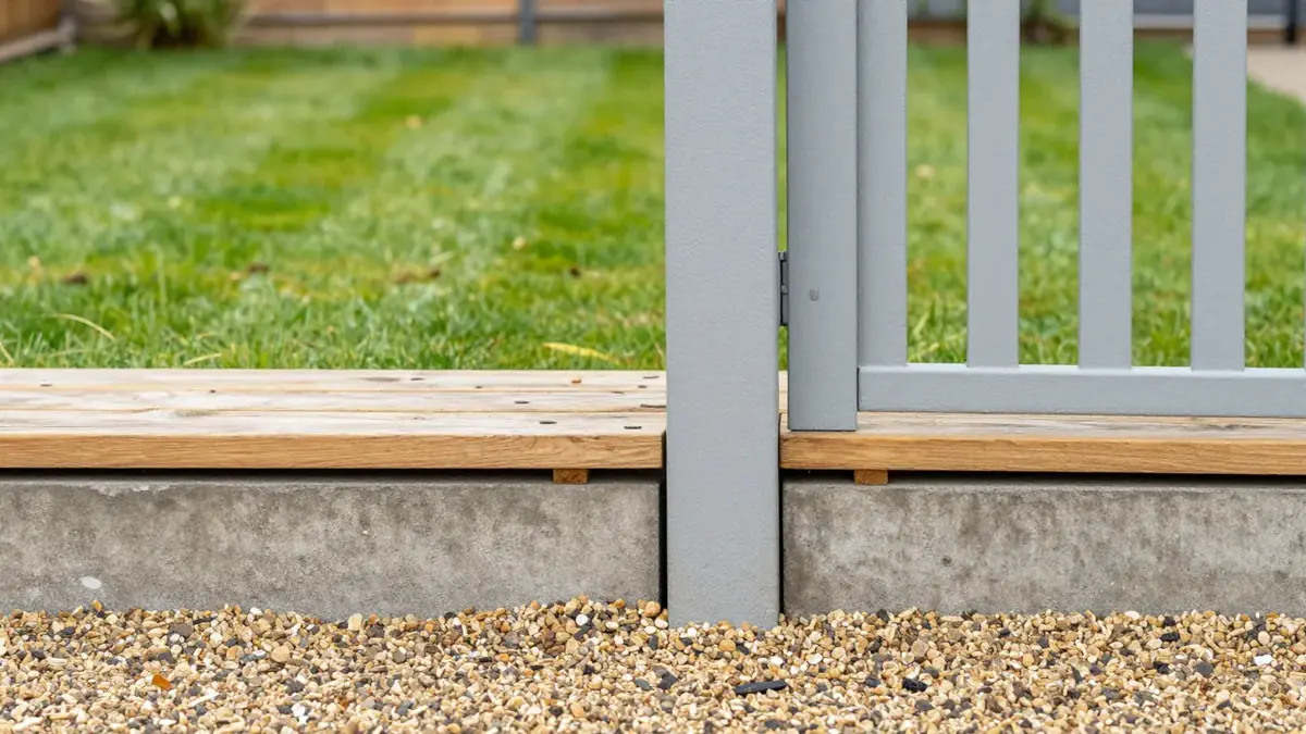 A grey concrete fence post beside a timber gravel board on a concrete base above gravel
