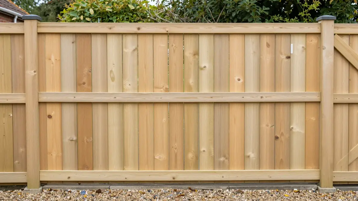 A new timber closeboard garden fence between posts above a gravel strip