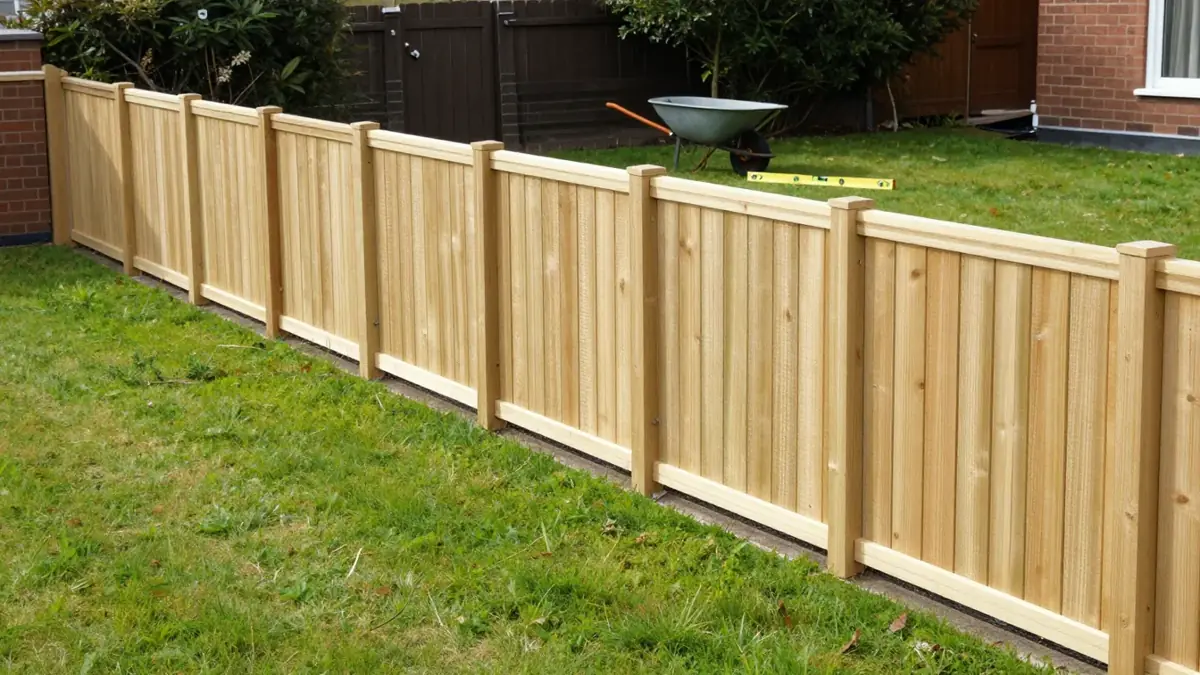 A newly installed straight run of timber fence panels beside a lawn, with a wheelbarrow and spirit level behind